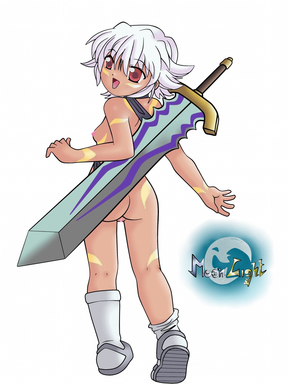 .hack .hack//twilight 1girls 2d ass back_view breasts female female_only human looking_back mostly_nude rena_kunisaki rule34 silvermoonlight solo tagme tan_skin white_hair