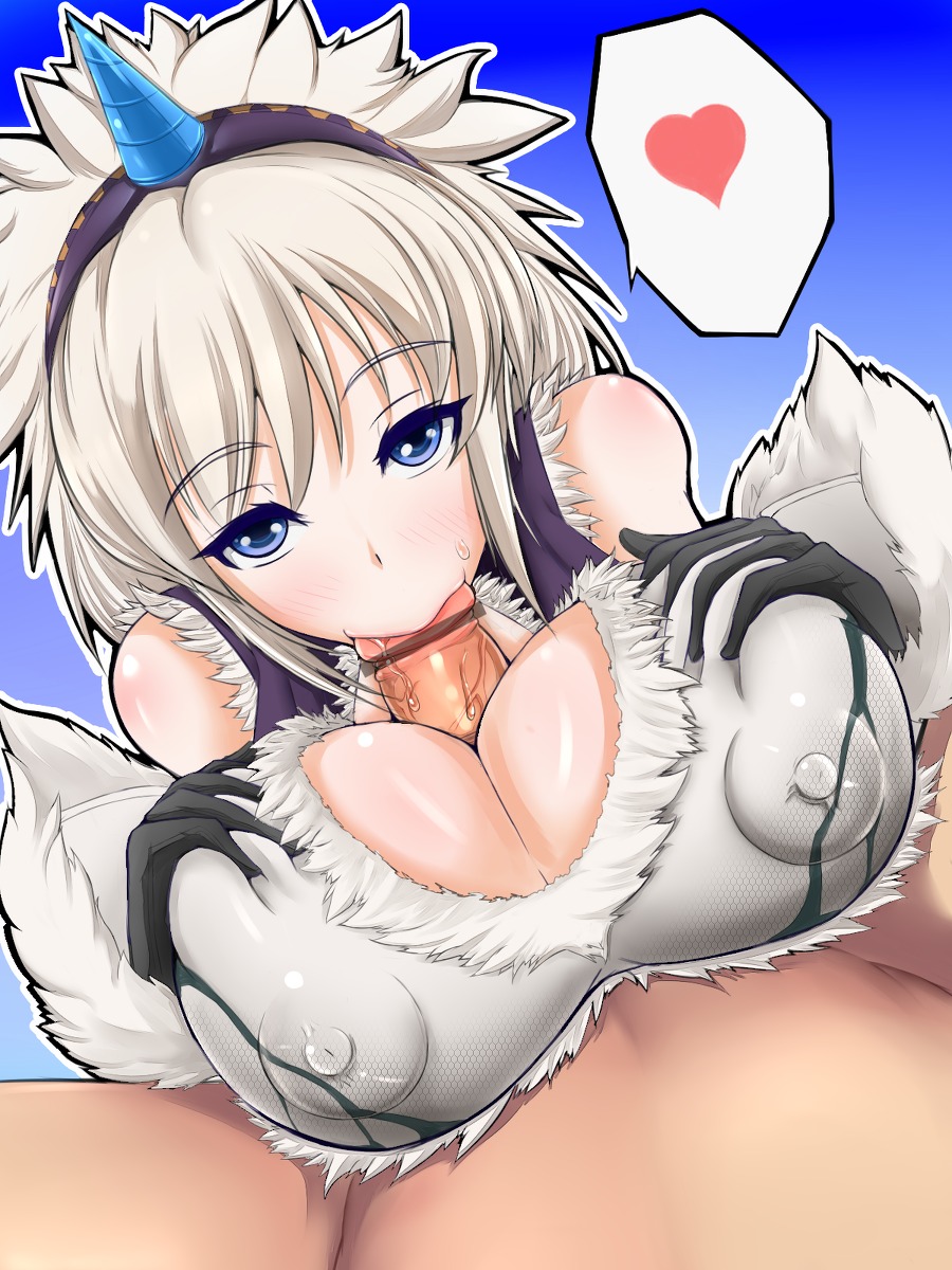 blue_eyes breasts capcom censored clothed_sex erect_nipples fellatio female gucchi_(n3gt6apf) hair heart highres horn kirin_(armor) male monster_hunter monster_hunter_frontier nipples oral paizuri penis pixiv_manga_sample resized rule34 straight white_hair
