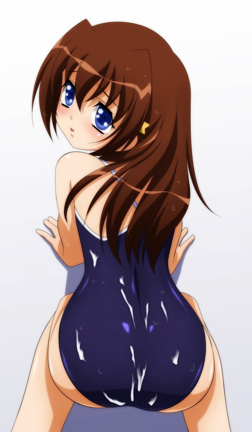all_fours blue_eyes brown_hair cum female highres one-piece_swimsuit rule34 sugimura_tomokazu swimsuit tachibana_ichika utakata