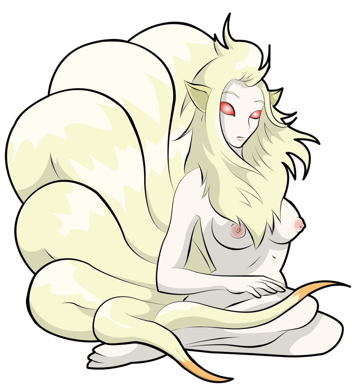 anthro breasts color exposed_breasts female female_only fur furry furry_breasts furry_tail hatchethottie multi_tail ninetales nude open_eyes pokemon red_eyes rule34 solo straight_hair tail tails white_background