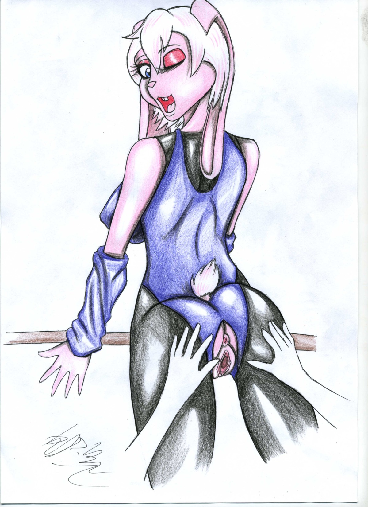 absurd_res anthro anus athletic_wear clothing disembodied_hand duo e621 female floppy_ears genitals hi_res lagomorph leotard leporid mammal rabbit solo_focus traditional_media_(artwork) vd-dv vulva