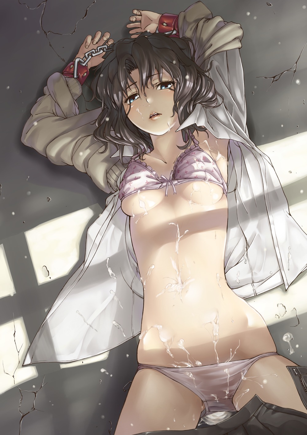 1girls after_sex amagami arms_up azuma_ren blush bondage bra breasts chains cum cum_inside cum_on_belly cum_on_body cum_on_breasts cum_on_clothes cum_on_face cum_on_floor cum_on_lower_body cum_on_upper_body cum_pool cumdrip east_(artist) face facial female handcuffs highres lingerie looking_at_viewer lying medium_breasts on_back open_clothes open_mouth open_shirt panties pleated_skirt rule34 shirt short_hair skirt skirt_pull solo tanamachi_kaoru underboob underwear