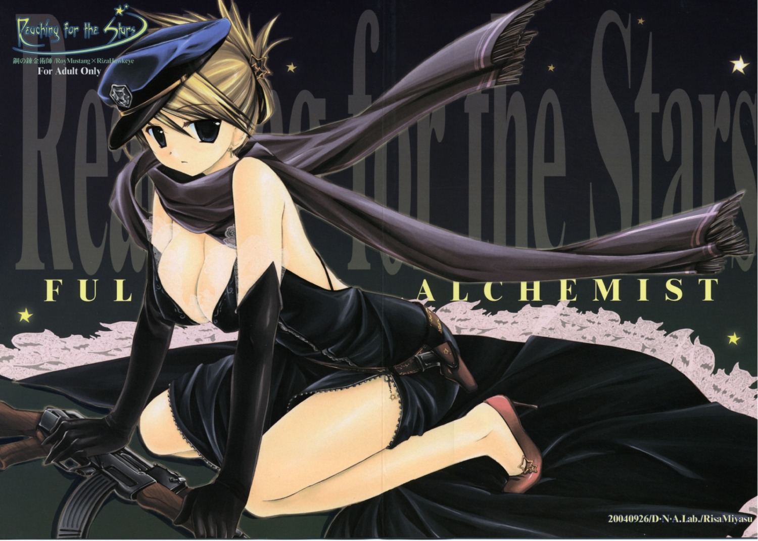 breasts colored female female_only footwear fullmetal_alchemist gun hat high_heels kneeling rifle riza_hawkeye rule34 scarf shoes solo weapon