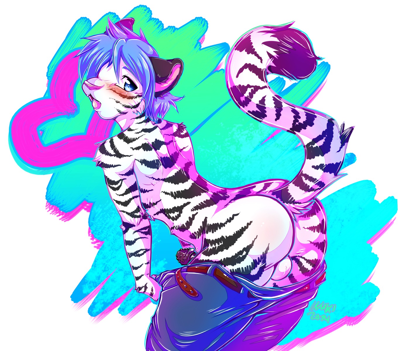 2014 anthro backsack balls belt bent_over biped blue_eyes blue_hair blush bottomwear butt clothed clothing e621 erection felid fur genitals hair heart_symbol hi_res inuki leucistic looking_at_viewer looking_back looking_back_at_viewer male mammal open_mouth pantherine pants penile_spines penis presenting presenting_hindquarters sharp_teeth short_hair solo standing stripes teeth tiger tongue tongue_out undressing