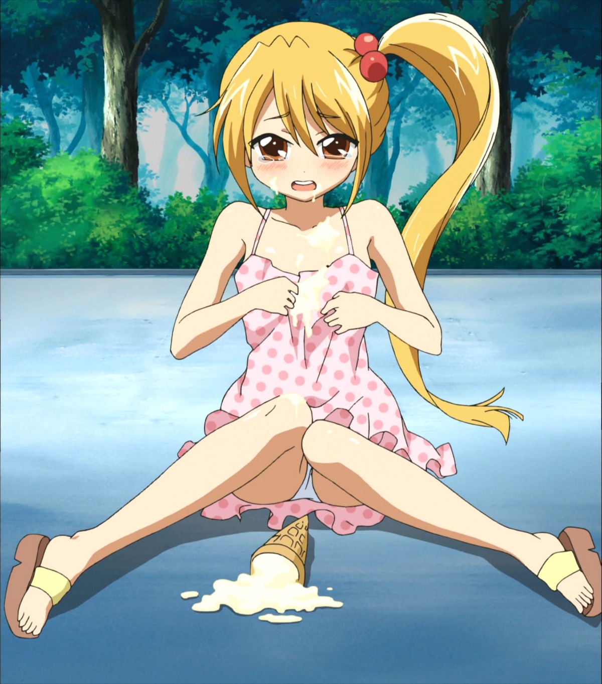 cap female food highres ice_cream knees_together_feet_apart miyamoto_iroha panties rule34 screencap sexually_suggestive side_ponytail solo sumomomo_momomo tears underwear white_panties