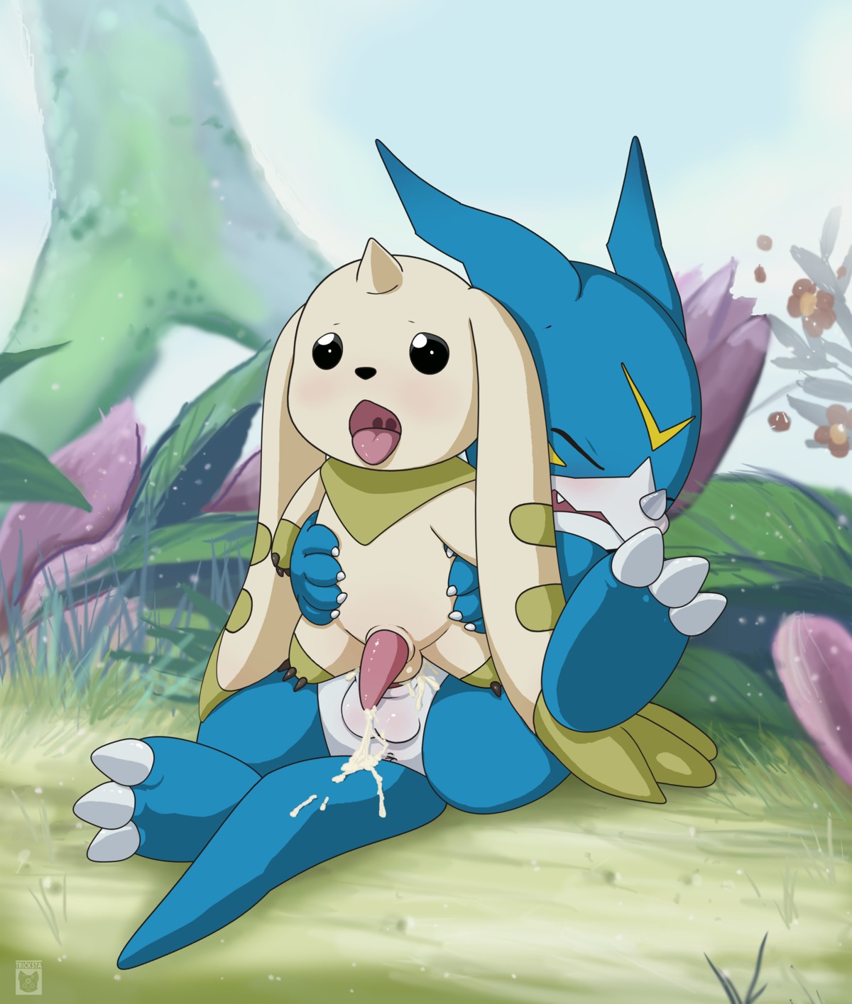 absurd_res anal anal_penetration anus balls bandai_namco blue_body blue_skin blush bodily_fluids cloud conditional_dnp cum cum_in_ass cum_inside cum_on_tail cum_while_penetrated cumshot digimon digimon_(species) dominant duo e621 ejaculation erection feet fleshlight_position genital_fluids genitals grass hands-free hi_res hindpaw larger_dom larger_male long_ears male male/male male_penetrated male_penetrating male_penetrating_male orgasm outside paws penetration penis plant raised_leg sex size_difference sky smaller_male tail tapering_penis terriermon tongue tongue_out tricksta veemon