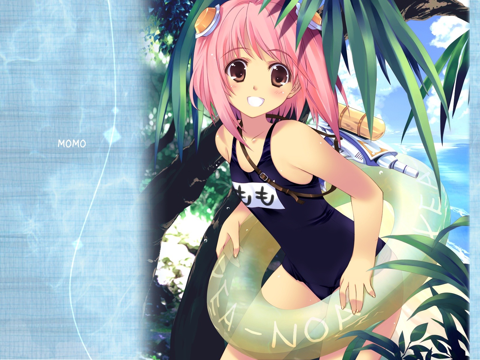 female highres iizuki_tasuku innertube m.o.m.o. mizugi name_tag one-piece_swimsuit pink_hair rule34 school_swimsuit short_hair solo sukumizu swimsuit wallpaper water_gun xenosaga