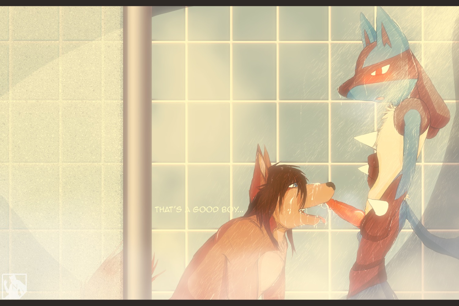 2014 3:2 anthro balls bathroom blue_body blue_fur blush bodily_fluids canid canine canis cum cum_in_mouth cum_inside cum_on_face cum_on_penis cum_on_tongue cum_string dialogue domestic_dog duo e621 ellipsis english_text erection eyelashes fellatio fur generation_4_pokemon genital_fluids genitals glowing hair half-closed_eyes happy hi_res inside knot letterbox looking_up lucario male male/male male_penetrated male_penetrating male_penetrating_male mammal narrowed_eyes nialus nintendo nude open_mouth oral orgasm penetration penile penis pokemon pokemon_(species) sex sharp_teeth short_hair shower smile spikes standing teeth text tongue tongue_out water wet