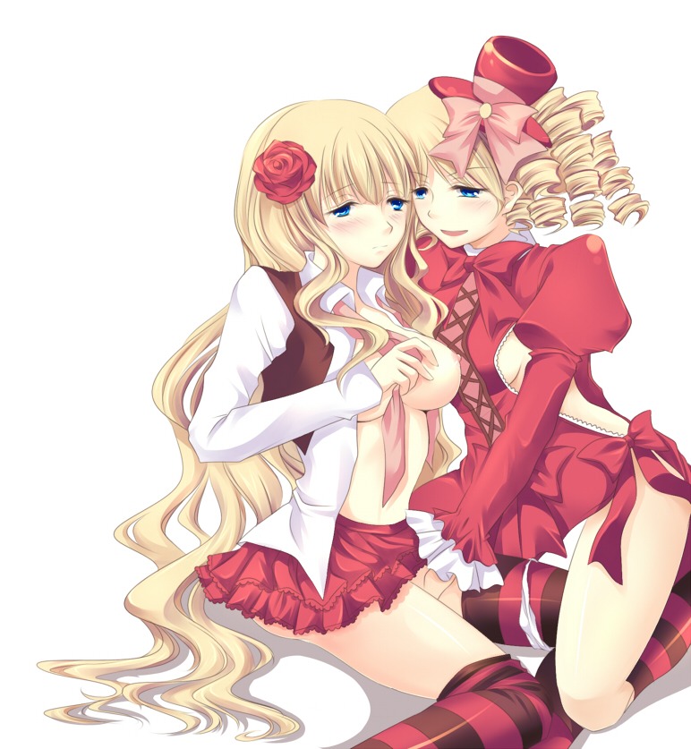 07th_expansion 2girls beatrice_(umineko) blonde_hair blue_eyes bow breasts drill_hair female female_only gaap hat jacket lolita_fashion long_hair mini_top_hat multiple_females multiple_girls murasakio necktie nipples panties panties_around_leg panties_around_one_leg ribbon rule34 skirt striped striped_legwear striped_thighhighs thighhighs top_hat umineko_no_naku_koro_ni underwear yuri zettai_ryouiki