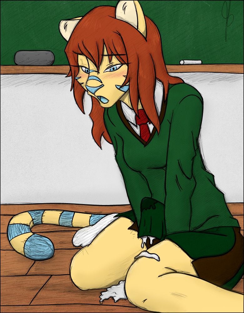 accessory adolescent anthro bent_legs biped blue_eyes blue_markings blue_nose blue_tongue blush bodily_fluids bottomwear breasts chalk chalkboard chimangetsu classroom clothed clothing colored cum cum_on_clothing cum_on_self e621 erection erection_under_skirt felid genital_fluids genitals gynomorph information_board intersex katja_(chimangetsu) kneeling mammal markings mashcr necktie open_mouth orgasm pangaean-2 pantherine penis school school_uniform shirt signature sitting skirt solo stripes student tail tiger tongue topwear uniform wariza yellow_body young young_anthro young_gynomorph young_intersex