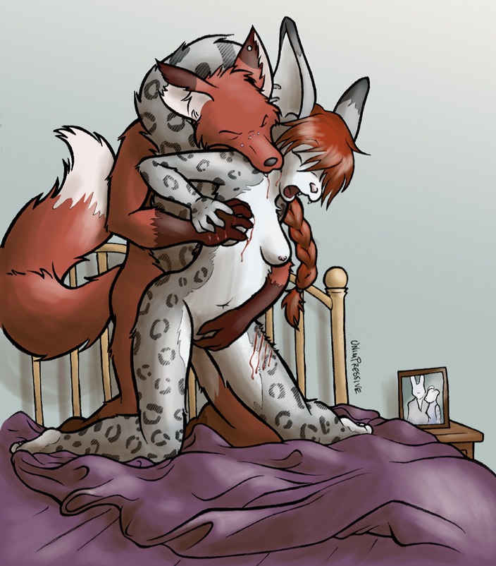 anal anal_penetration anthro bed bite biting_another biting_partner blood bodily_fluids breasts canid canine digital_media_(artwork) dipstick_tail duo e621 ear_piercing eyes_closed facial_piercing felid female female_penetrated fox from_behind_position fur furniture gavbat grey_body grey_fur hair hybrid interspecies kneeling lagomorph leopard leopard_spots leporid long_hair male male/female male_penetrating male_penetrating_female mammal markings nipples nude on_bed open_mouth pantherine penetration photo piercing ponytail predator/prey rabbit red_body red_fur red_hair rough_sex scratching sex snow_leopard spots tail tail_markings