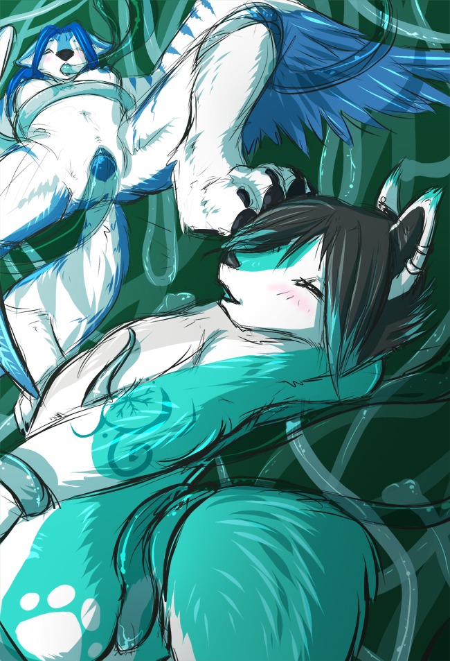 2012 anthro artik_ninetails black_hair blue_hair blue_nipples blush breasts butt butt_markings canid canine canis danji-isthmus digital_drawing_(artwork) digital_media_(artwork) duo e621 feathered_wings feathers female footprint genitals green_background hair male male/female male/male mammal markings nipples nude oral oral_penetration pawprint pawprint_(marking) penetration penis_tentacles sex simple_background spread_legs spreading tail tala_(suntattoowolf) tentacle_in_mouth tentacle_penetration tentacle_sex tentacles translucent translucent_tentacles vaginal vaginal_penetration vulva wings wolf