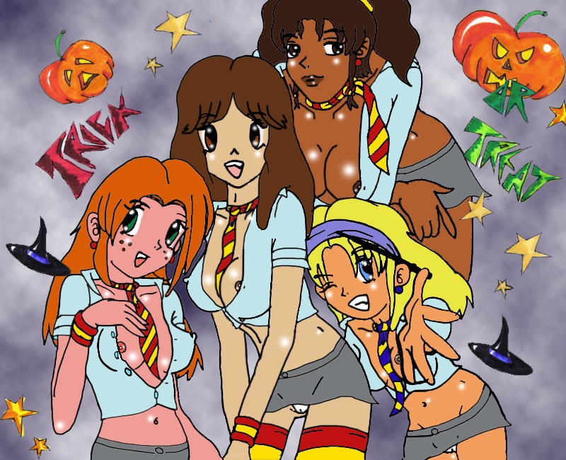 4girls angelina_johnson azbax breasts breasts_out cameltoe crop_top english_text female female_only ginny_weasley gryffindor gryffindor_tie halloween harry_potter hermione_granger luna_lovegood multiple_females multiple_girls nipples panties pumpkin pussy ravenclaw ravenclaw_tie rule34 shirt text wand witch_(harry_potter) witch_hat