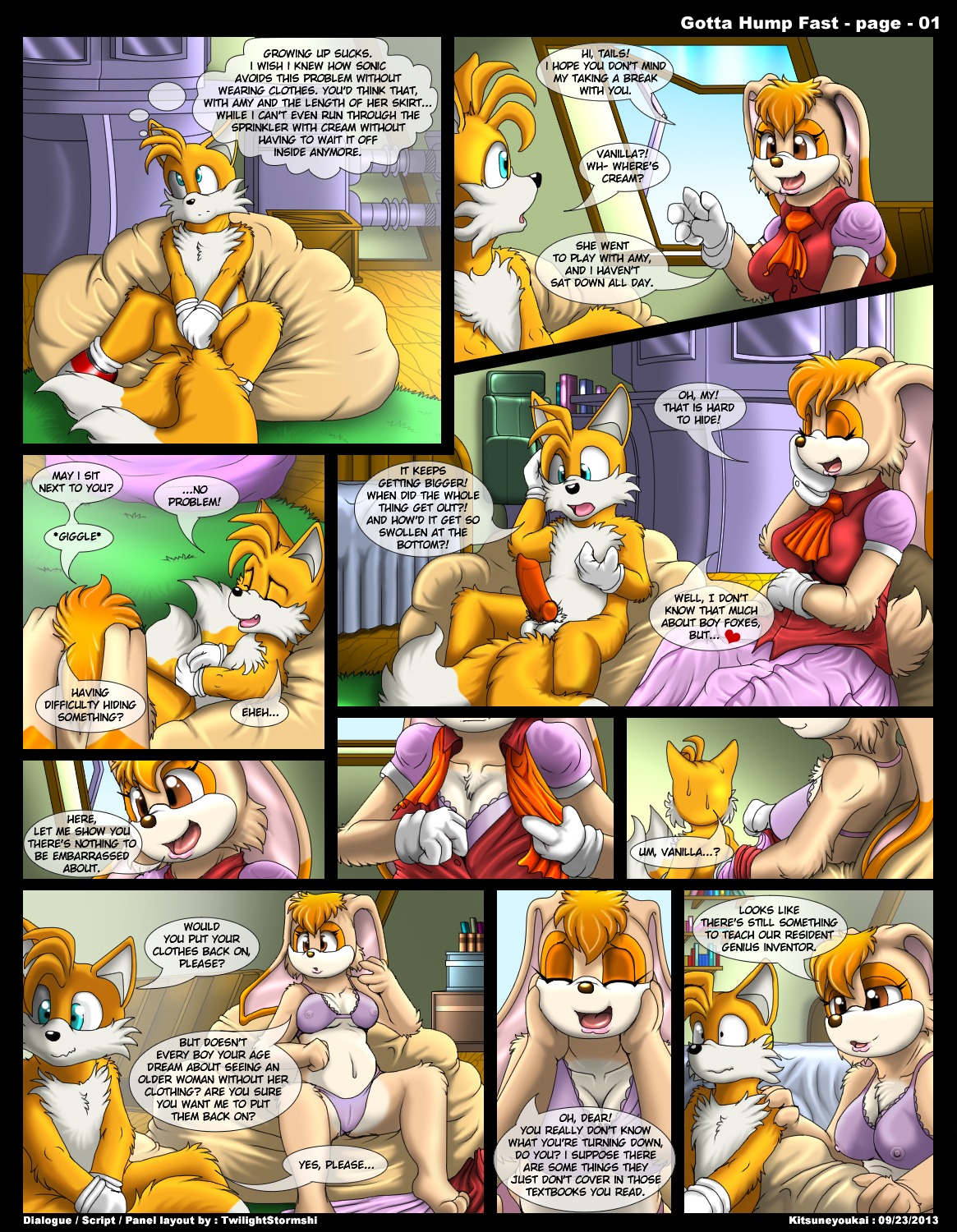 2013 age_difference animal_genitalia animal_penis anthro balls bed big_breasts blue_eyes blush bodily_fluids bra breasts brown_eyes canid canine canine_genitalia canine_penis clothing comic dialogue dipstick_tail duo e621 english_text erection eyes_closed female fox fur furniture genital_fluids genitals hair heart_symbol hi_res inside kitsune_youkai knot lagomorph leporid male mammal markings mature_anthro mature_female miles_prower mother_(lore) navel nipples nude open_mouth orange_hair panties parent_(lore) penis rabbit sega slightly_chubby smile sonic_the_hedgehog_(series) sweat tail tail_markings text underwear undressing vaginal_fluids vanilla_the_rabbit vulva wet yellow_body yellow_fur young young_anthro young_male