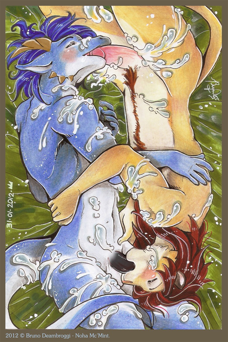 2012 69_position anthro black_penis blue_body blue_scales bodily_fluids body_hair cum cum_everywhere daintydragon dragon duo e621 erection eyes_closed felid fellatio fur genital_fluids genitals hair happy_trail horn interspecies lion lying male male/male male_penetrated male_penetrating male_penetrating_male mammal mcmint messy mythological_creature mythological_scalie mythology on_side oral oral_penetration pantherine penetration penile penis scales scalie sex simba09 simba_(simba09) spikes tail tan_body tan_fur traditional_media_(artwork)