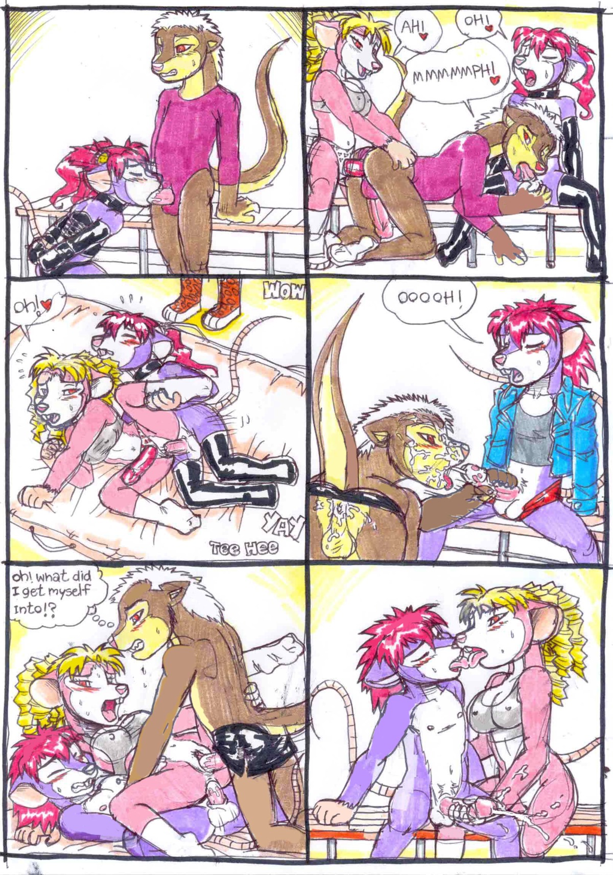 2013 anal anal_penetration anthro backsack balls bdsm bisexual black_hair blonde_hair blue_eyes blush bodily_fluids bound breasts brown_eyes brown_hair bulge chuck_(netreek) cleavage clothed clothing collar comic crossdressing cum cum_in_ass cum_in_mouth cum_in_vagina cum_inside cum_on_face cumshot dialogue dildo double_penetration e621 ejaculation english_text erection eyes_closed eyewear feet felid fellatio female female_penetrating female_penetrating_male from_behind_position genital_fluids genitals group group_sex hair handjob heart_symbol hi_res humanoid_genitalia humanoid_penis interspecies jaguar kissing kneeling latex leotard lying male male/female male/male male_penetrated male_penetrating male_penetrating_male mammal mariano midriff mouse multiple_scenes murid murine mustelid nipples nude object_in_ass on_back on_side open_mouth oral oral_penetration orgasm pantherine pegging penetration penile penis presenting purple_hair rodent sandwich_position sex sex_toy sex_toy_in_ass sex_toy_insertion sitting soles spitroast spread_legs spreading strapon strapon_in_ass strapon_insertion strapon_sex sweat tail text threesome toes tongue tongue_out topless toying_partner traditional_media_(artwork) trio underwear undressing vaginal vixy_(netreek) vulva wearing_strapon white_hair young young_anthro