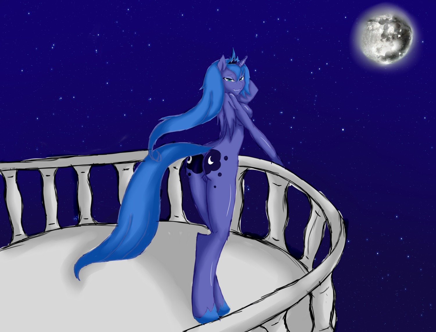 2012 absurd_res anthro anthrofied avante92 balcony blue_body blue_feathers blue_fur blue_hair blue_theme breasts butt cool_colors cutie_mark e621 equid equine feathered_wings feathers female friendship_is_magic full_moon fur genitals hair half-closed_eyes hasbro hi_res hooves horn long_hair looking_at_viewer mammal mare_in_the_moon moon my_little_pony mythological_creature mythological_equine mythology narrowed_eyes night nude outside princess_luna_(mlp) side_boob sky solo star starry_sky tail vulva winged_unicorn wings