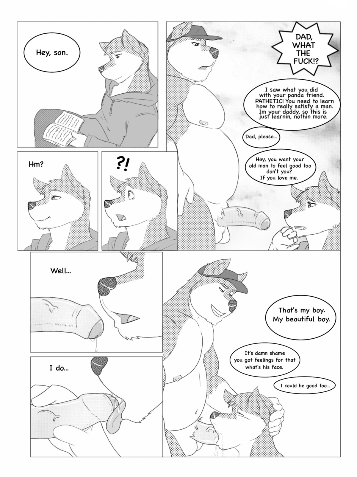 3:4 anthro balls ben_(rain-yatsu) canid canine canis comic dialogue domestic_dog duo e621 english_text father_(lore) father_and_child_(lore) father_and_son_(lore) fellatio foreskin genitals hi_res humanoid_genitalia humanoid_penis husky incest_(lore) male male/male mammal monochrome muscular nipples nordic_sled_dog oral parent_(lore) parent_and_child_(lore) parent_and_son_(lore) partially_retracted_foreskin pecs penile penis profanity rain-yatsu rainier_(rain-yatsu) sex slightly_chubby son_(lore) spitz teeth text