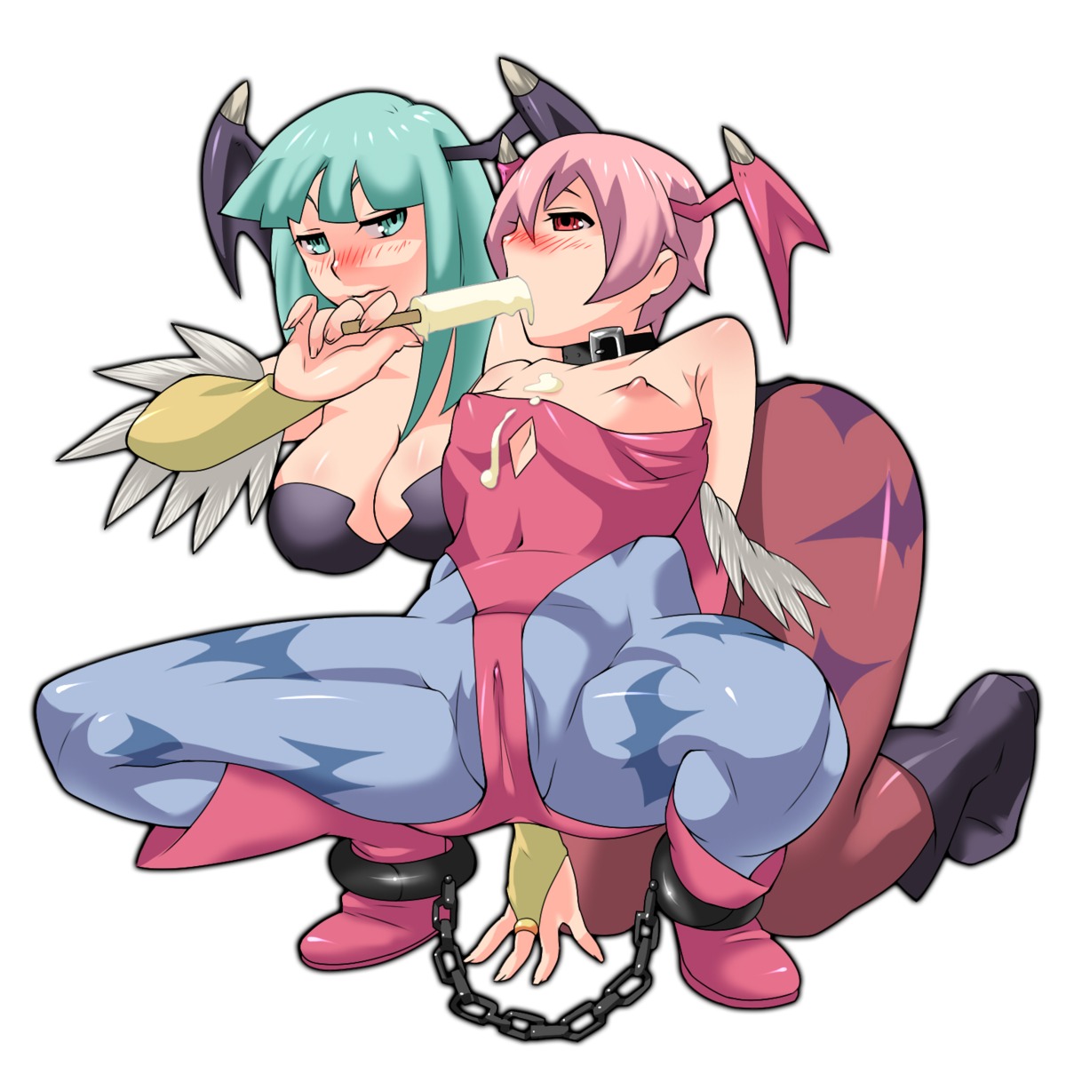 2girls blush bondage breasts cameltoe capcom clothing darkstalkers demon erect_nipples erect_nipples_under_clothes female flat_chest head_wings highres large_breasts lilith_aensland morrigan_aensland multiple_females multiple_girls nipple_slip nipples ojo_(dfreak) popsicle pussy rule34 sexually_suggestive sisters small_breasts succubus