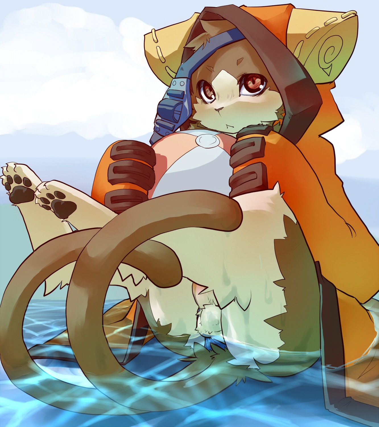 2_tails anthro arc_system_works arms_bent asian_mythology ball balls beach_ball blazblue cathood e621 east_asian_mythology felid genitals hi_res holding_ball holding_object inflatable japanese_mythology jubei_(blazblue) kaka_(blazblue) kosian legs_up looking_at_viewer male mammal multi_tail mythology nekomata partially_submerged penis pool_toy red_eyes shallow_water sitting sitting_in_water solo submerged_tail tail tail_out_of_water tucked_arms water yokai