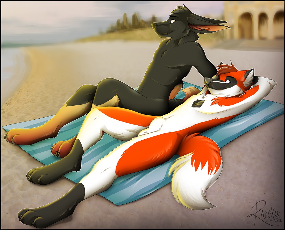 2012 amber_eyes animal_genitalia anthro arm_support attached_sheath balls beach black_body black_fur black_nose canid canine casual_nudity day detailed_background diamond_(marking) dipstick_tail duo e621 feet fox fully_sheathed fur genitals hands_behind_head hindpaw jeddy leg_markings lying male mammal markings nude on_towel orange_body orange_fur outside paws pyrocloud raised_arm rarakie red_eyes sand seaside sheath socks_(marking) tail tail_markings towel water white_body white_fur
