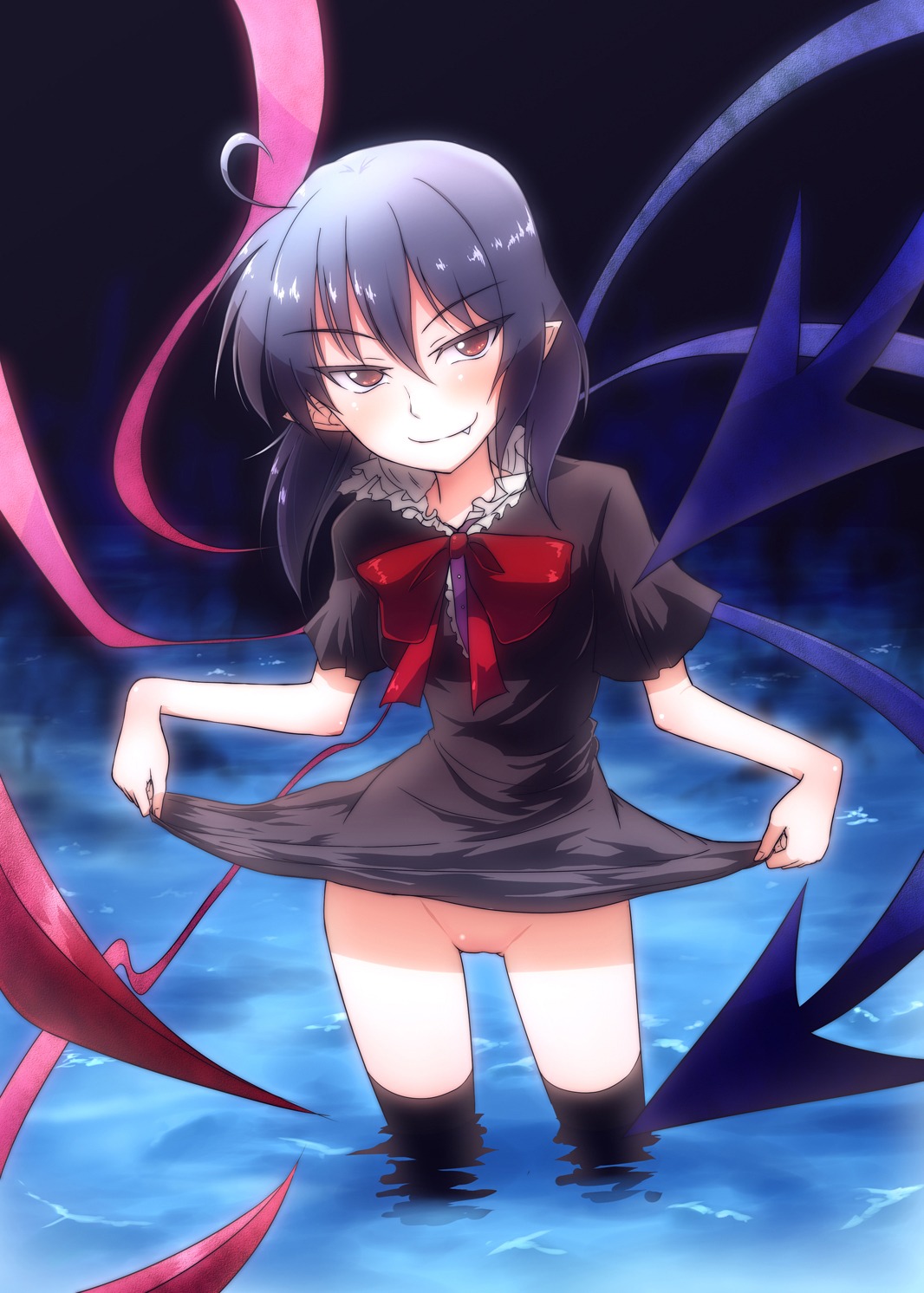 1girls 2d ahoge alien alien_girl asymmetrical_wings black_hair black_legwear black_thighhighs bottomless chipa_(arutana) cute_fang female female_only fingernails highres long_ears long_hair no_humans no_panties no_pussy nue_houjuu pointy_ears red_eyes rule34 short_hair skirt skirt_lift smile smirk solo team_shanghai_alice thighhighs touhou uncensored wading water wings youkai