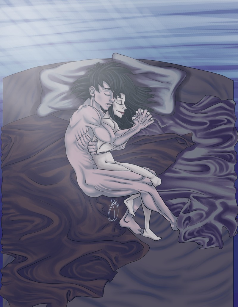 1boy 1girls after_sex bed biceps chichi dragon_ball dragon_ball_z female human husband_and_wife male romantic rule34 serratus_anterior sleeping sleeves son_goku straight