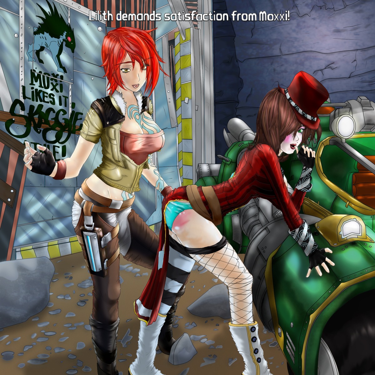 2d 2girls ass beauty_mark bent_over blue_panties body_markings borderlands brown_hair bruise chaps cleavage coat english_text face_paint facepaint female female_only finger_to_mouth fingerless_gloves fishnets gloves green_eyes hazel_eyes jacket leaning_forward lilith_(borderlands) lipstick long_hair mad_moxxi mole multiple_females multiple_girls naughty_face no_artist orange_eyes panties red_hair redhead rule34 short_hair siren_(borderlands) siren_markings sirkibblez spanked spanking striped_thighhighs tattoo text thighhighs top_hat vehicle wristband yuri