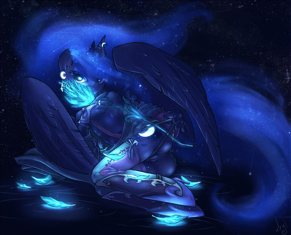 anthro anus atryl biped blue_body blue_eyes blue_feathers blue_fur blue_hair boots butt clothing cosmic_hair cutie_mark digital_media_(artwork) e621 equid equine ethereal_hair feathered_wings feathers female feral flat_chested footwear friendship_is_magic fur genitals hair hasbro horn leaf looking_at_viewer mammal moon my_little_pony mythological_creature mythological_equine mythology nipples nude princess princess_luna_(mlp) pseudo_hair royalty shoes solo vulva winged_unicorn wings