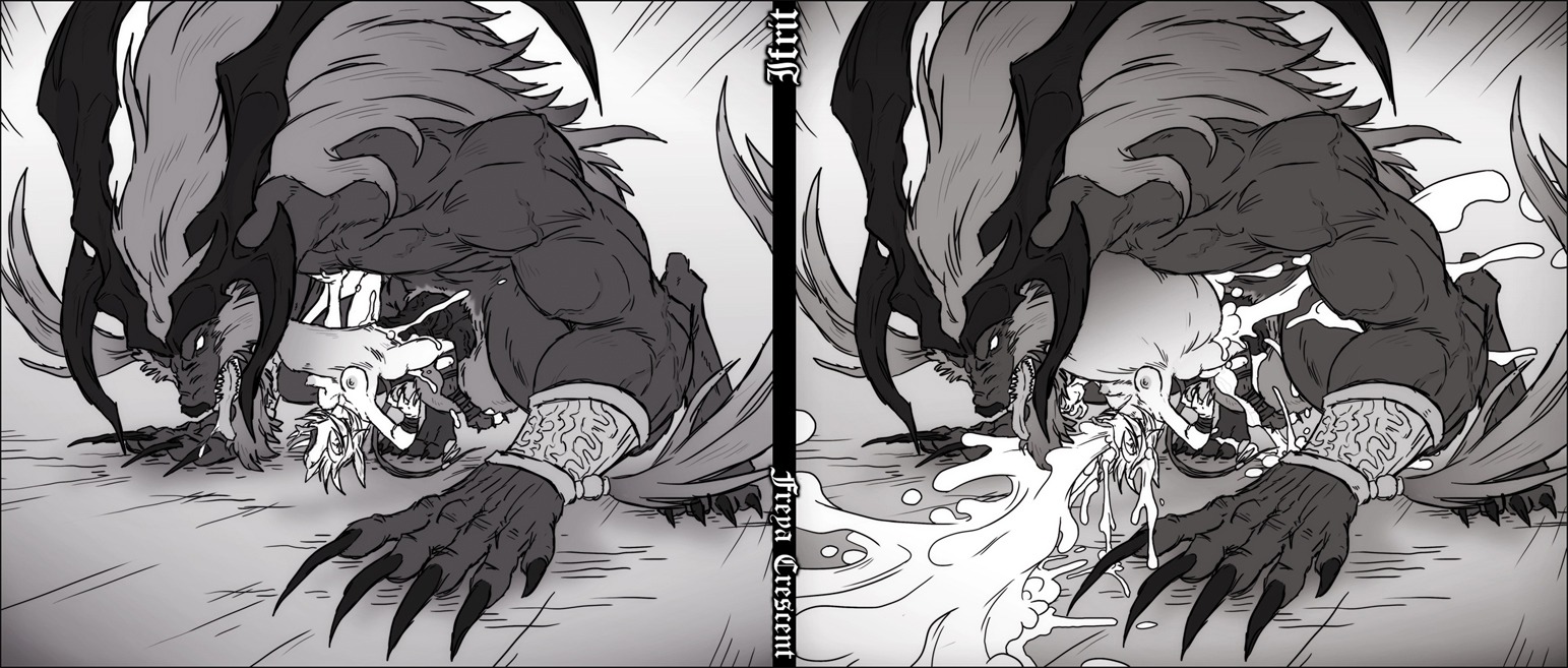1boy 1girls cum cum_through cumflated_belly cumflation deep_penetration female final_fantasy final_fantasy_ix freya_crescent hyper_cumflation hyper_penetration hyper_stomach_bulge ifrit_(final_fantasy) inflation large_insertion male monochrome penetration rule34 sex size_difference sparrow_(artist) stomach_bulge