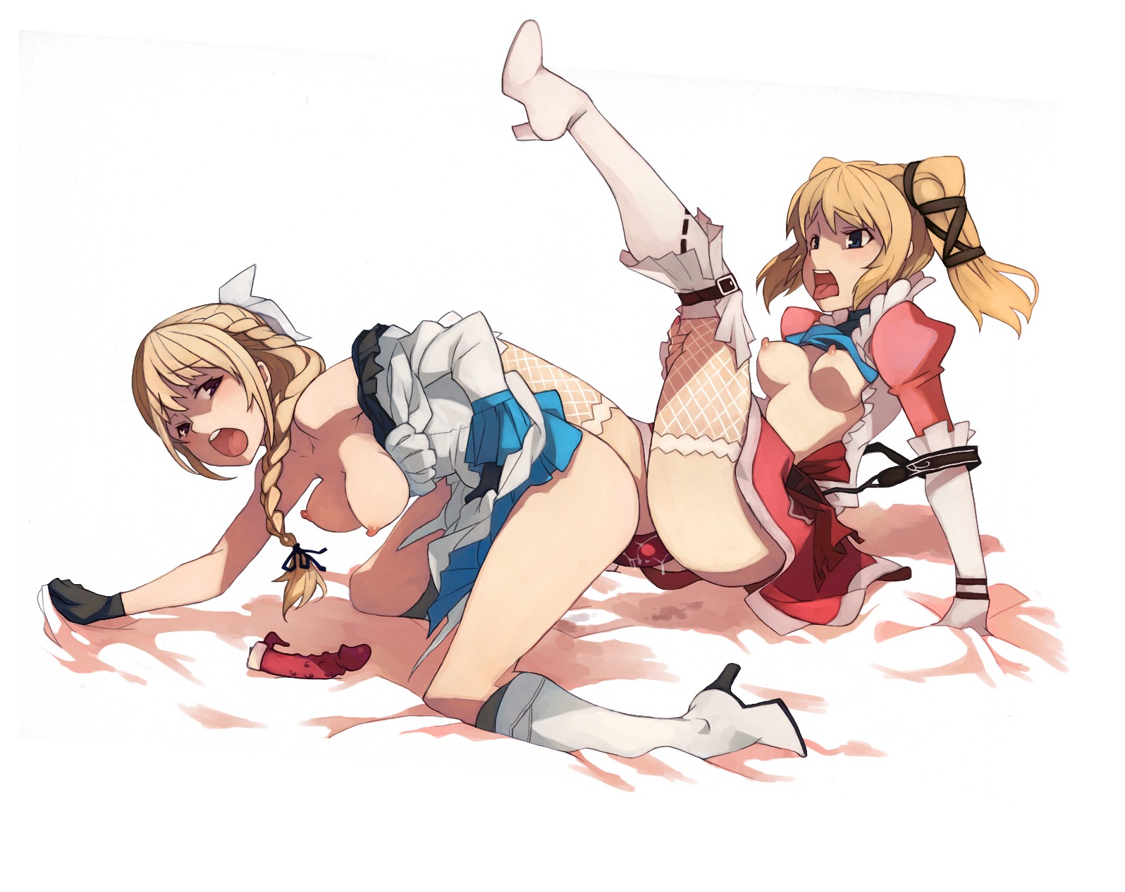 blonde_hair blue_eyes blush boots breasts claire_(granado_espada) dildo double_dildo elbow_gloves female fishnet_legwear fishnet_stockings fishnets gloves granado_espada highres multiple_females multiple_girls nipples open_mouth penguin_caee rule34 shirt_lift thigh_boots thighhighs valeria_(granado_espada) valleria_(granado_espada) yuri