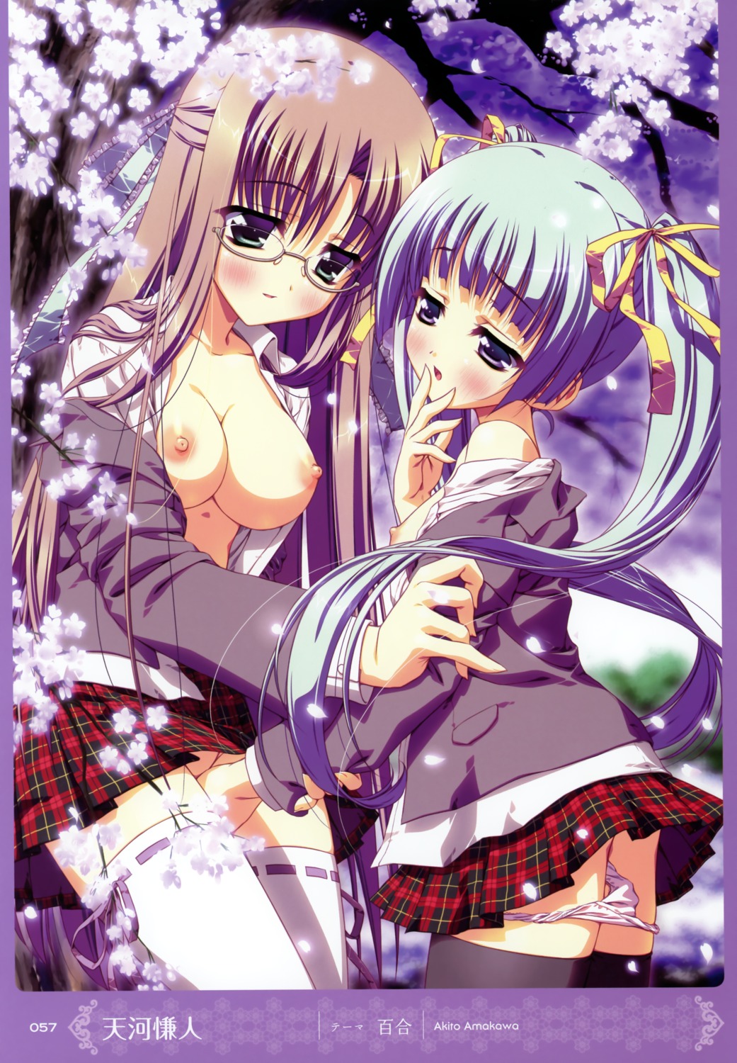 amakawa_akito black_legwear blue_eyes blue_hair breasts brown_hair cherry_blossoms cleavage female fingering glasses green_eyes hair_ribbon high_resolution megane multiple_females multiple_girls nipples no_bra open_clothes open_shirt panties panty_pull ribbon rule34 shirt thighhighs tied_hair twintails underwear undressing white_legwear yuri
