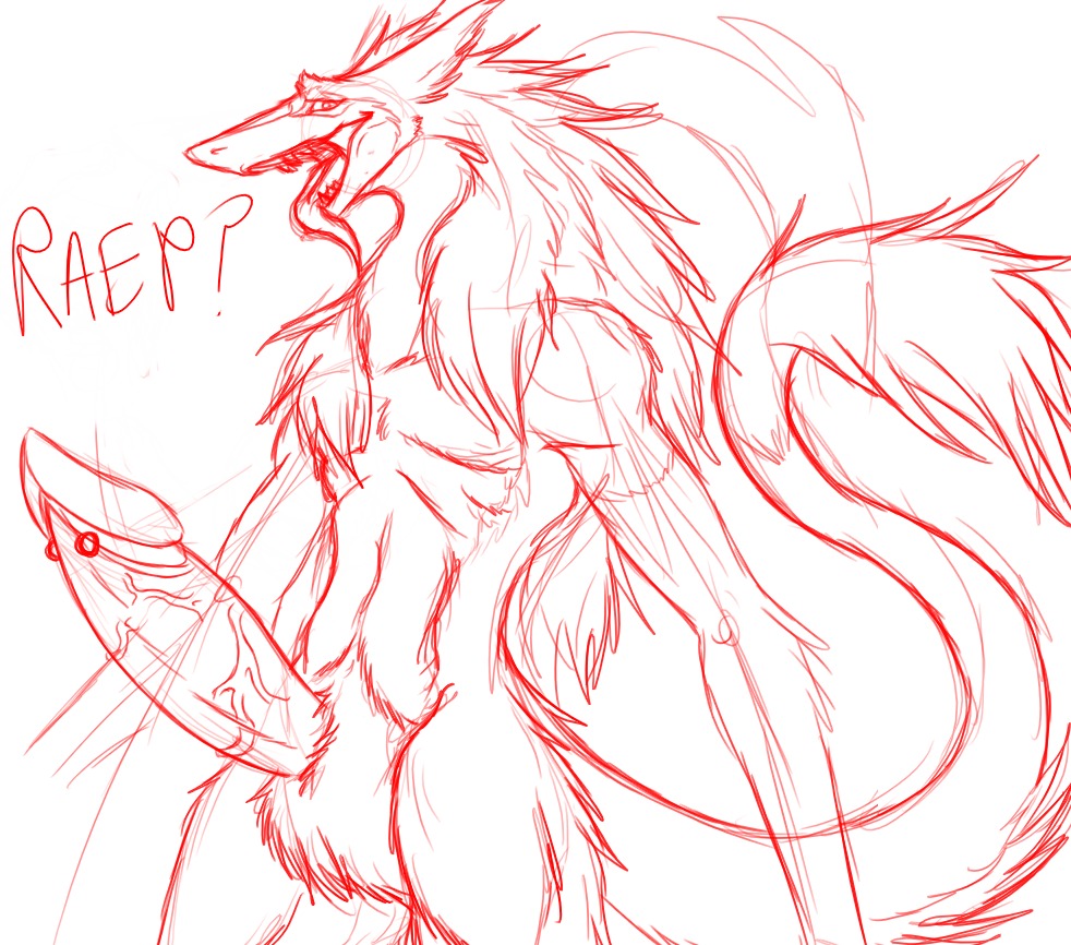 anthro arpegiuswolf big_penis biped digital_drawing_(artwork) digital_media_(artwork) e621 erection frenum_piercing genital_piercing genitals half-length_portrait huge_penis hyper hyper_genitalia hyper_penis male mammal monochrome nude penis penis_piercing piercing portrait red_and_white sergal sketch solo standing tail vein veiny_penis