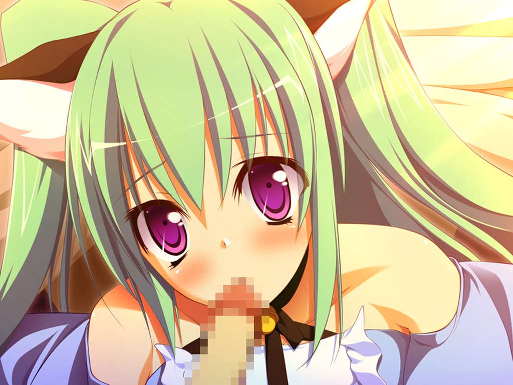blush cat_girl catgirl censored ezekiel female fur game_cg green_hair long_hair male nimura_yuushi osananajimi_wa_daitouryou penis purple_eyes rule34 tied_hair twintails