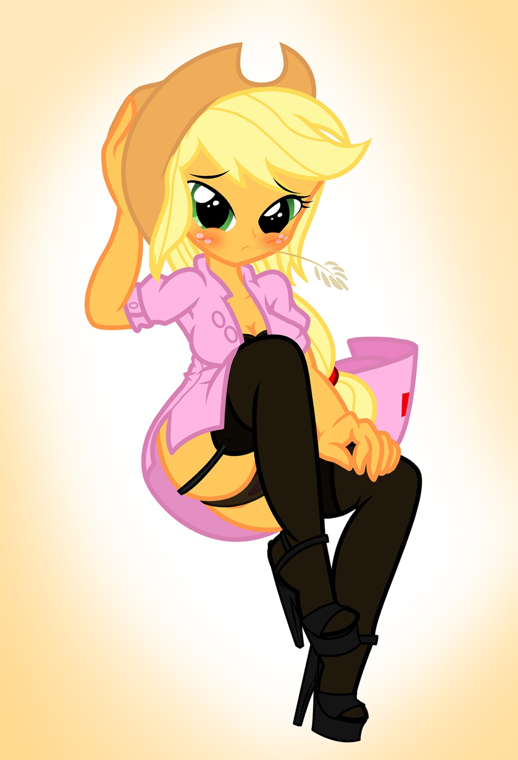 accessory applejack_(eg) blonde_hair blush bodily_fluids bra breasts cleavage clothed clothing cum e621 equestria_girls female footwear genital_fluids genitals grandfathered_content green_eyes hair hair_accessory hairband hand_behind_head hasbro hat headgear headwear hi_res high_heels human legwear looking_at_viewer mammal my_little_pony not_furry nurse orange_body orange_skin panties platform_footwear platform_heels pyruvate shoes sitting solo stockings underwear uniform vulva