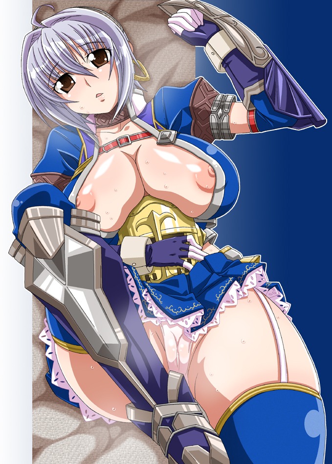 asuru azul_(armor) breasts brown_eyes cameltoe capcom female fingerless_gloves gloves large_breasts monster_hunter monster_hunter_frontier nipple_slip nipples no_bra nori_(akusei_shinseibutsu) nori_(artist) panties pointy_chin pussy rule34 sweat thighhighs underwear white_hair white_panties