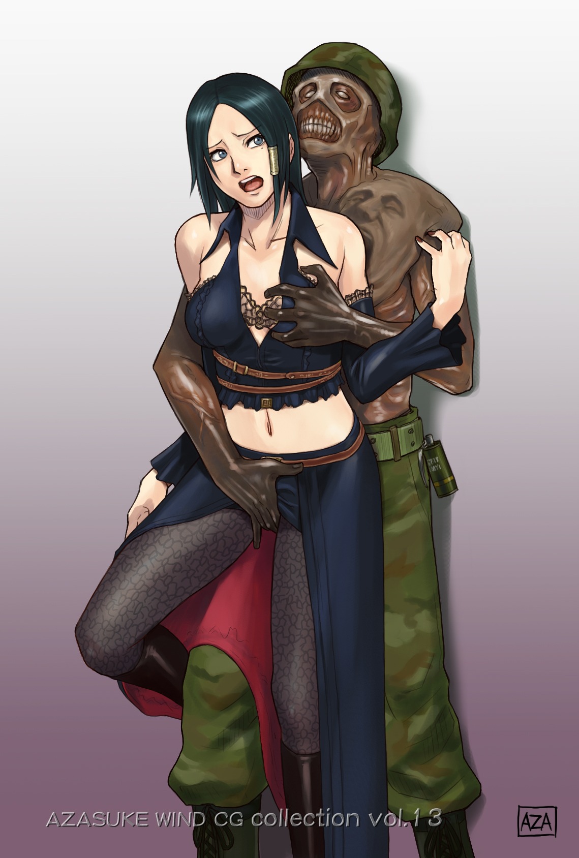 alicia_claus azasuke blue_eyes blue_hair breast_grab breasts bullet_witch female grab highres imminent_rape pantyhose rule34 witch