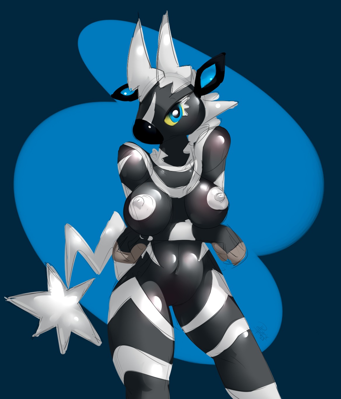 2013 anthro anthrofied big_breasts blue_eyes breast_rest breasts digital_media_(artwork) e621 elpatrixf female generation_5_pokemon genitals hi_res nintendo nipples pokemon pokemon_(species) pokemorph simple_background solo vulva white_nipples zebstrika