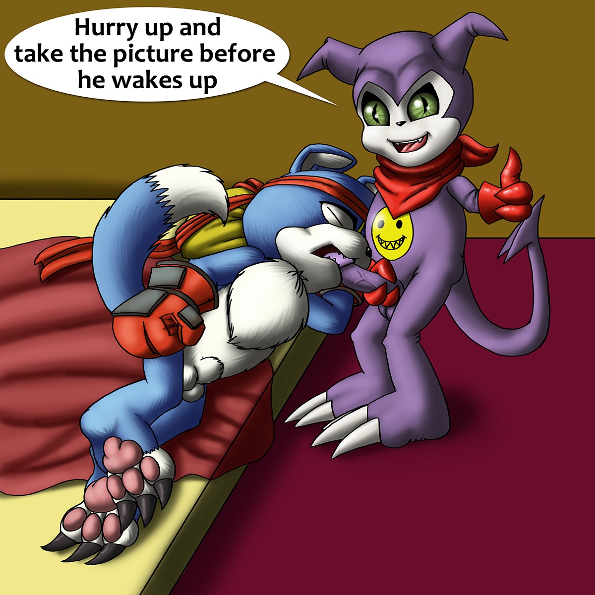 1:1 animal_genitalia anthro balls bandai_namco bed bedroom blue_body blue_fur claws digimon digimon_(species) duo e621 english_text erection eyes_closed fully_sheathed fur furniture gaomon genitals hi_res humanoid humanoid_genitalia humanoid_penis imp impmon inside looking_at_viewer lying male male/male open_mouth penis questionable_consent sheath shortstack shortstack_male sleeping text toe_claws unknown_artist vein veiny_penis