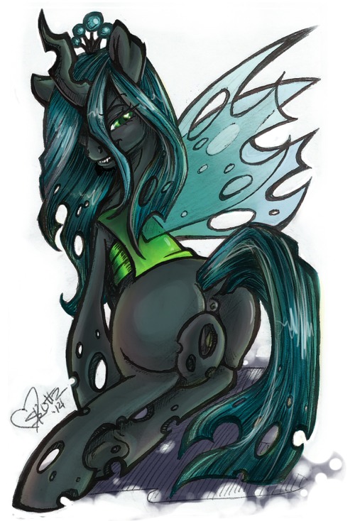 2014 anus arthropod black_body butt changeling_(mlp) e621 female feral friendship_is_magic genitals green_eyes grin hair hasbro horn insect_wings long_hair looking_at_viewer my_little_pony presenting queen_chrysalis_(mlp) raised_tail seductive simple_background skuttz smile solo tail vulva white_background wings