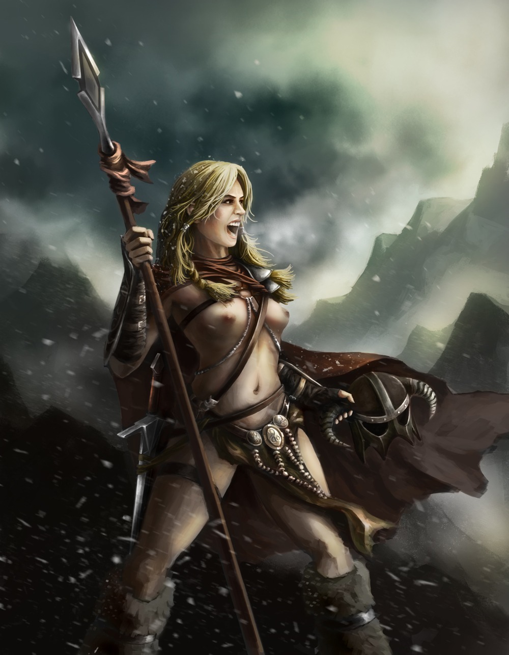 1girls areolae armor bare_legs blonde_hair boots bracelet braid breasts cape celeng cloak color dovahkiin female female_dovahkiin female_focus female_only female_warrior fur half_naked half_nude helmet holding_helmet holding_object holding_weapon human human_only leather loincloth long_hair mountain navel nipples no_bra nord open_mouth outdoors outside revealing_clothes rule34 skimpy_armor skimpy_clothes skyrim snow snowflake solo solo_female solo_focus spear sword teeth the_elder_scrolls topless uncensored unconvincing_armor video_games warrior weapon
