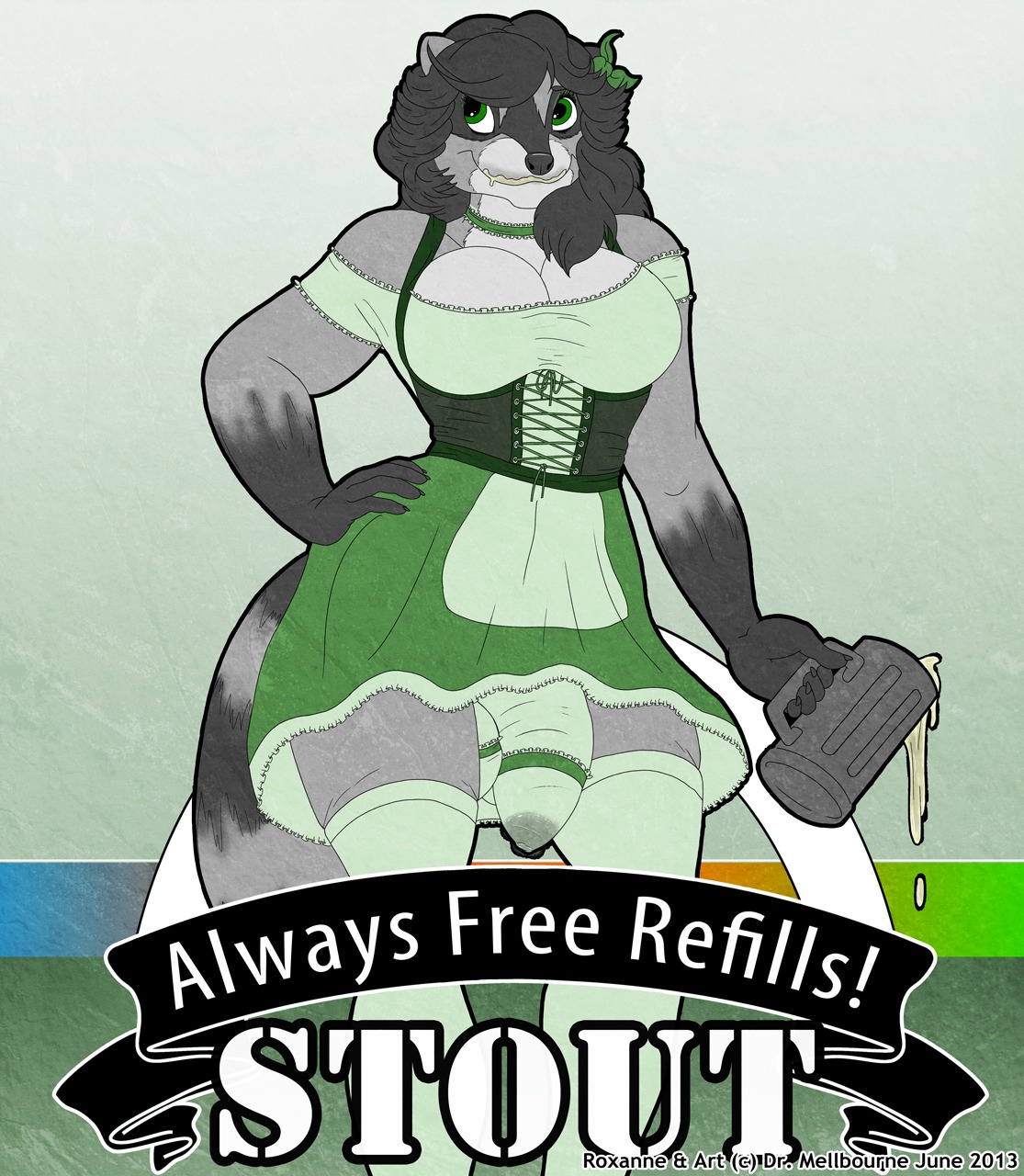 2013 anthro beer_mug beverage biped black_body black_fur black_hair bodily_fluids bottomwear breasts bulge cleavage clothed clothing corset cum detailed_bulge dress dripping drmellbourne e621 english_text flaccid food fur fur_markings genital_fluids genital_outline genitals gloves_(marking) green_eyes grey_body grey_fur gynomorph hair hand_on_hip hi_res intersex legwear lingerie long_hair mammal markings multicolored_body multicolored_fur penis penis_outline pose procyonid raccoon skirt smile solo spilling standing stockings text topwear white_body white_fur