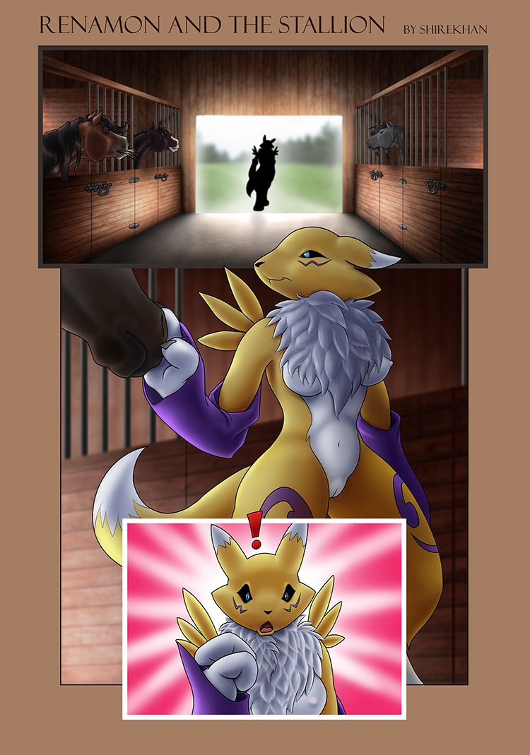 anthro armwear bandai_namco black_sclera blue_eyes breasts bridal_gauntlets canid canine chest_tuft clothing comic digimon digimon_(species) e621 elbow_gloves english_text equid equine exclamation_point female feral fur genitals gloves group handwear horse mammal navel neck_tuft nipples renamon shirekhan solo_focus stable text tuft vulva white_body white_fur yellow_body yellow_fur