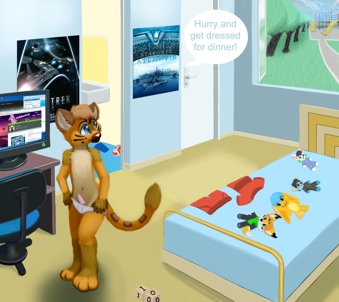 2013 anthro bed bedroom blue_eyes computer digital_media_(artwork) e621 electronics english_text erection felid fluffy fur furaffinity furniture genitals google hair hi_res inkbunny inside jamesfoxbr lion male mammal nude pantherine penis plushie poster raining shaded skype solo star_trek stargate steam_(software) tail text valve valve_corporation young young_anthro young_male youtube