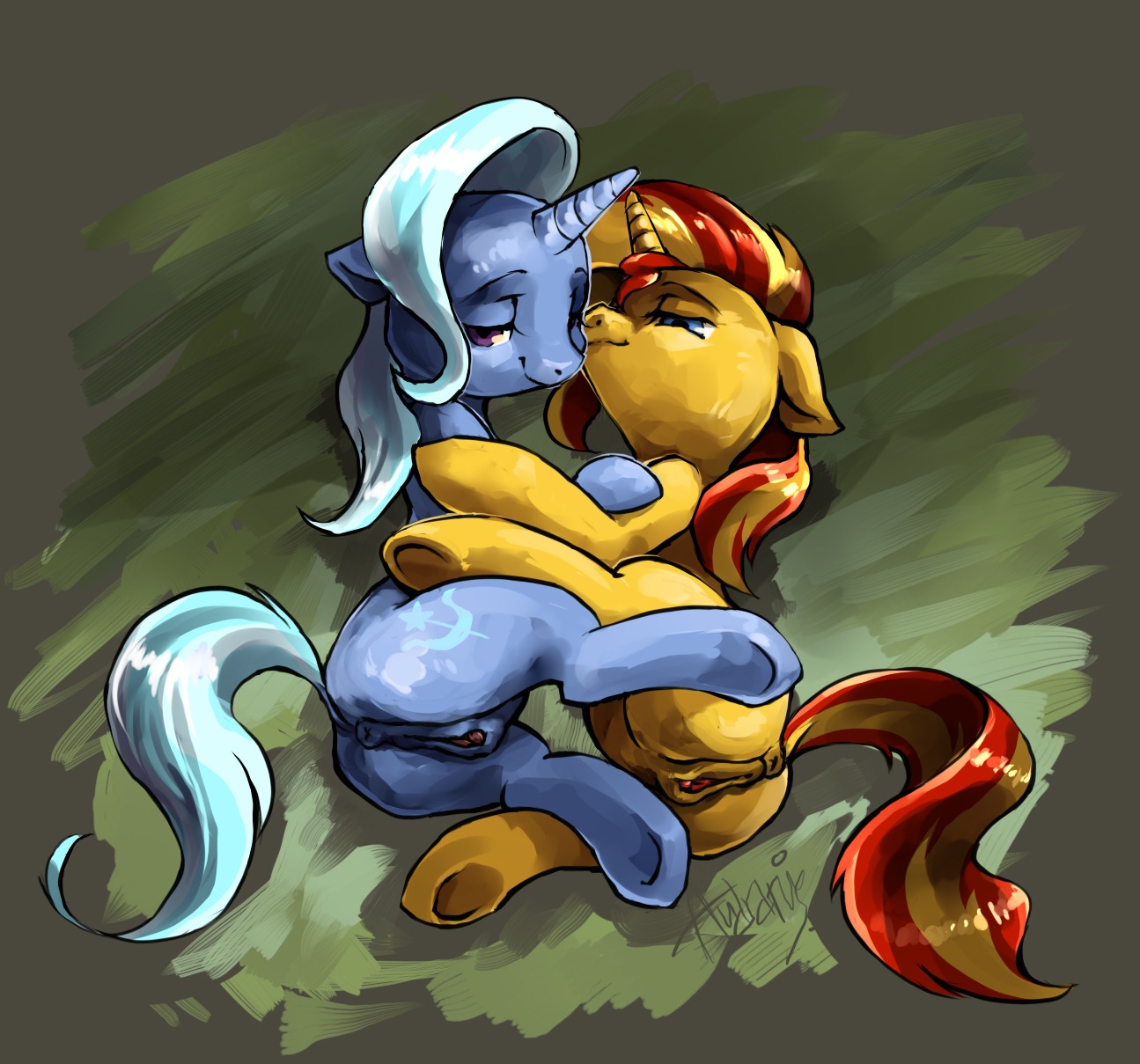 2014 animal_genitalia animal_vulva anus audrarius butt cutie_mark digital_media_(artwork) duo e621 equestria_girls equid equine equine_genitalia equine_vulva female female/female feral feral_on_feral friendship_is_magic genitals half-closed_eyes happy hasbro hi_res high-angle_view hooves horn lying mammal my_little_pony mythological_creature mythological_equine mythology narrowed_eyes on_side presenting presenting_hindquarters presenting_vulva purple_eyes raised_leg shadow smile spread_legs spreading star sunset_shimmer_(eg) trixie_(mlp) unicorn vulva wand