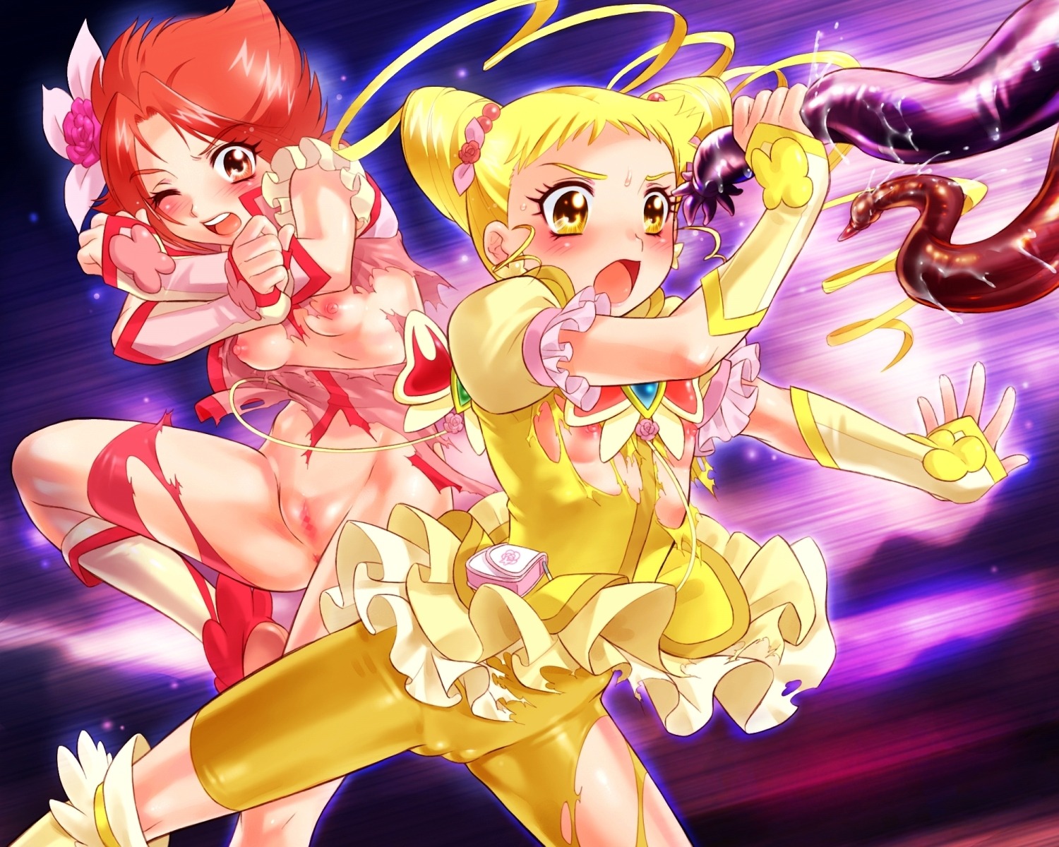 blush breasts censored clothing cure_lemonade cure_rouge female flat_chest magical_girl nekozawa_yukari precure pretty_cure rin_natsuki rule34 shorts sippo-soft small_breasts tagme tentacle torn_clothes urara_kasugano