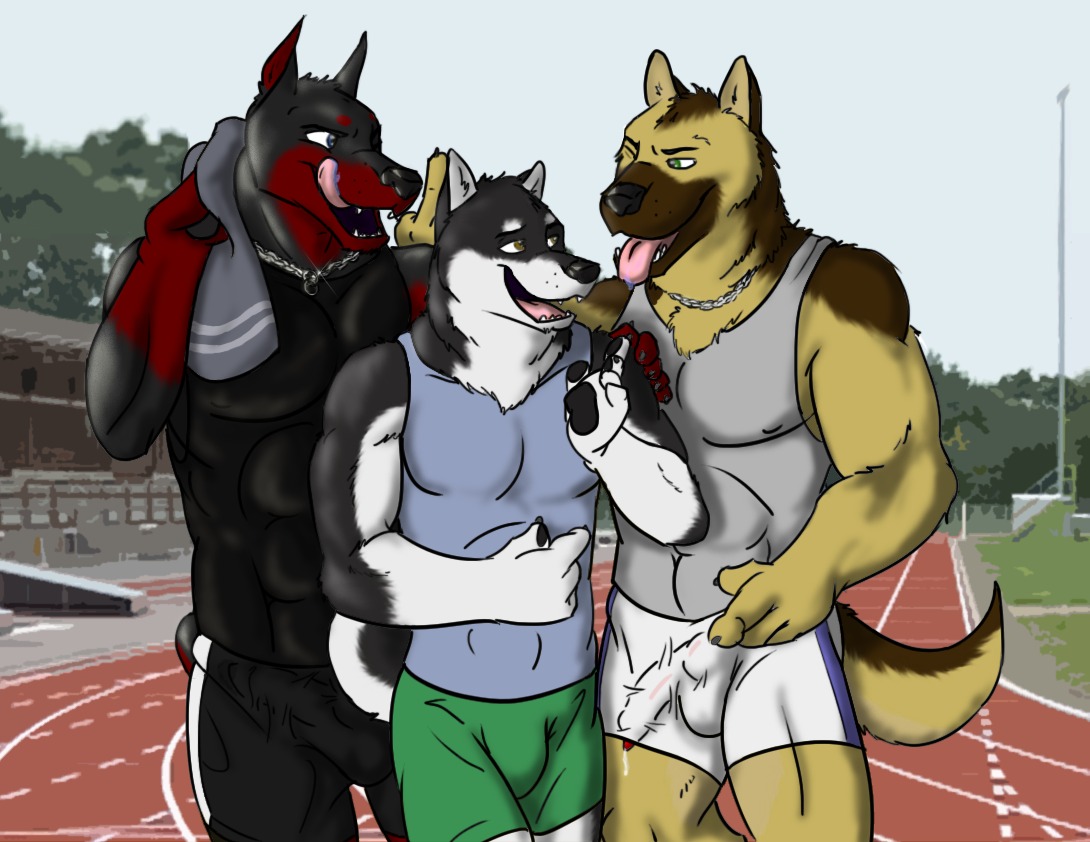 2010 abs anthro balls barely_visible_genitalia barely_visible_penis biceps blue_eyes bottomwear brown_eyes bulge canid canine canis chris_(nathanwolf) clothed clothing cloud detailed_bulge digital_media_(artwork) dobermann domestic_dog dustin_(nathanwolf) e621 erection erection_under_clothing fur genital_outline genitals german_shepherd green_eyes group herding_dog jewelry linkin linkin_monroe male male/male mammal muscular necklace outside pastoral_dog pecs penis penis_outline penis_poking_out penis_through_leghole pinscher shirt shorts sky story story_in_description tail tank_top tongue tongue_out topwear towel