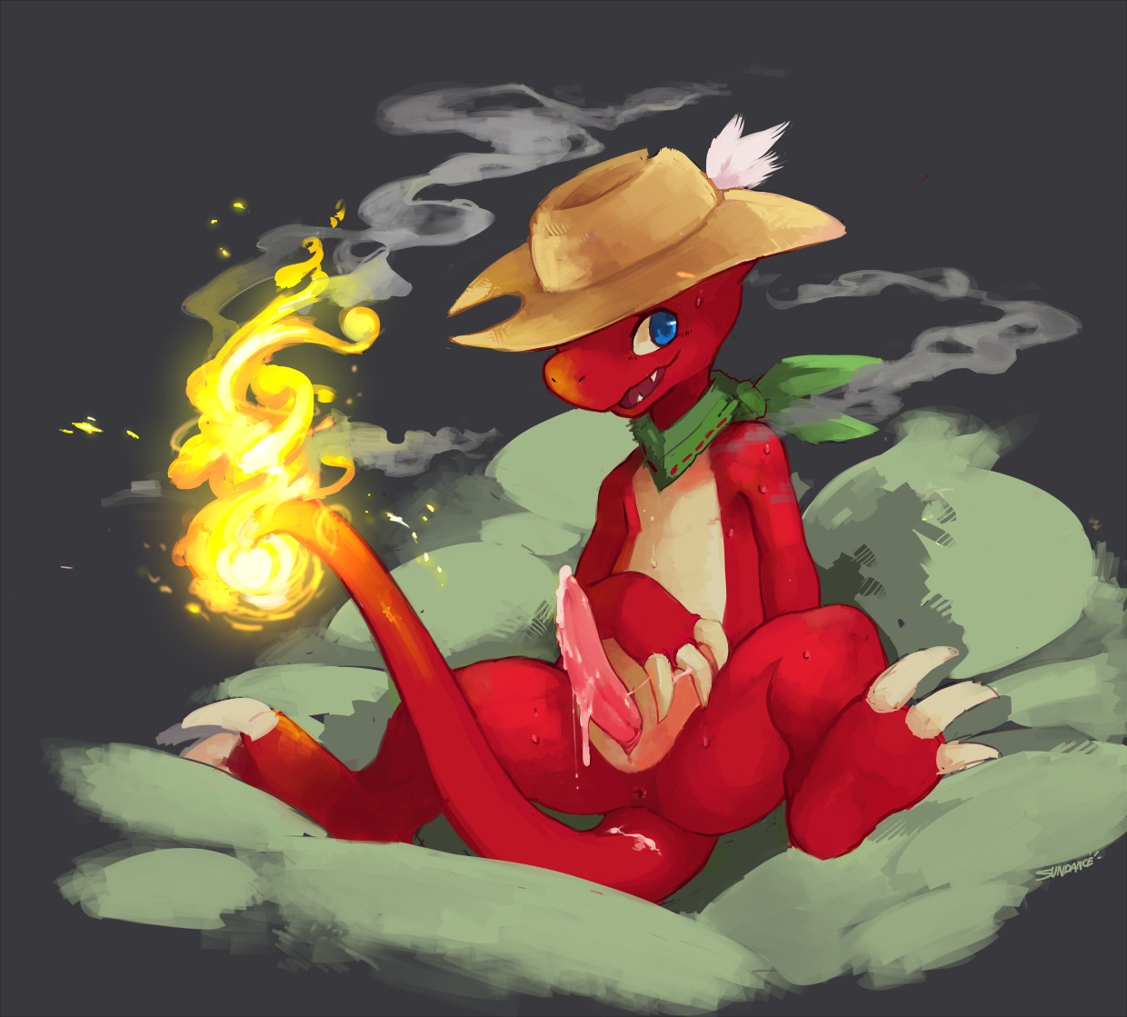 2014 alternate_species animal_genitalia anus barefoot blue_eyes bodily_fluids butt charmeleon claws clothing cum e621 erection feet fire flaming_tail generation_1_pokemon genital_fluids genital_slit genitals happy hat headgear headwear long_penis looking_at_viewer male mike_the_charmander mostly_nude nintendo open_mouth orange_body orange_skin penis pmd-explorers pokemon pokemon_(species) reptile scalie scarf sheer_(artist) smile solo spread_legs spreading tail teeth toe_claws
