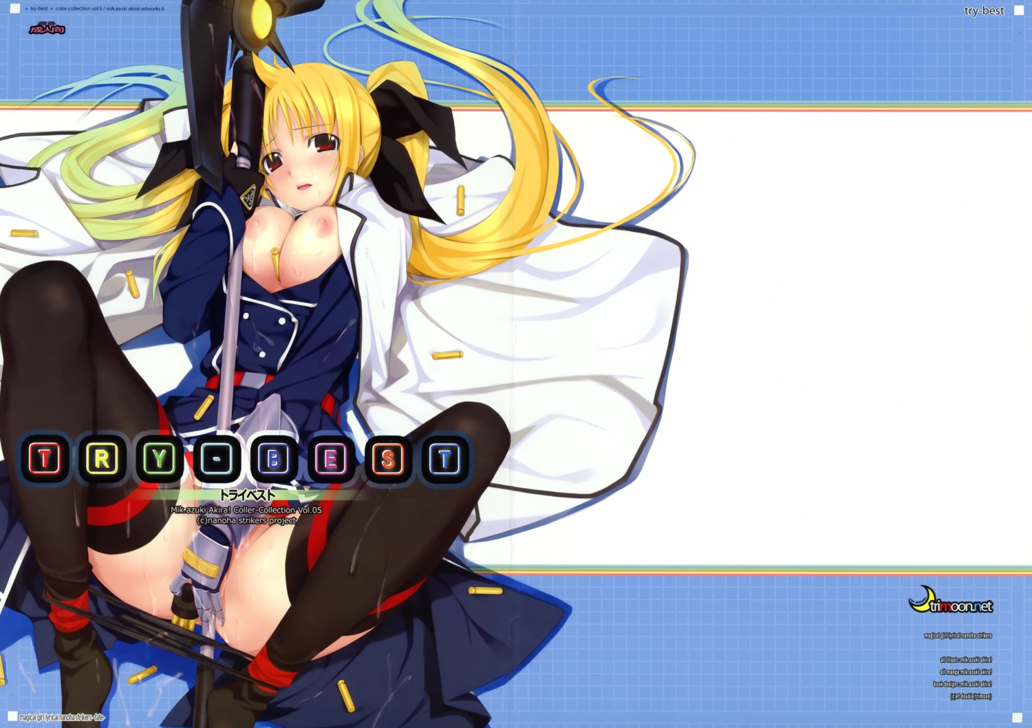 bardiche blonde_hair breasts cum fate_testarossa female female_only high_resolution human lyrical_nanoha mahou_shoujo_lyrical_nanoha mahou_shoujo_lyrical_nanoha_strikers mikazuki_akira nipples open_clothes open_shirt rule34 shirt solo straight_hair thighhighs tied_hair twintails