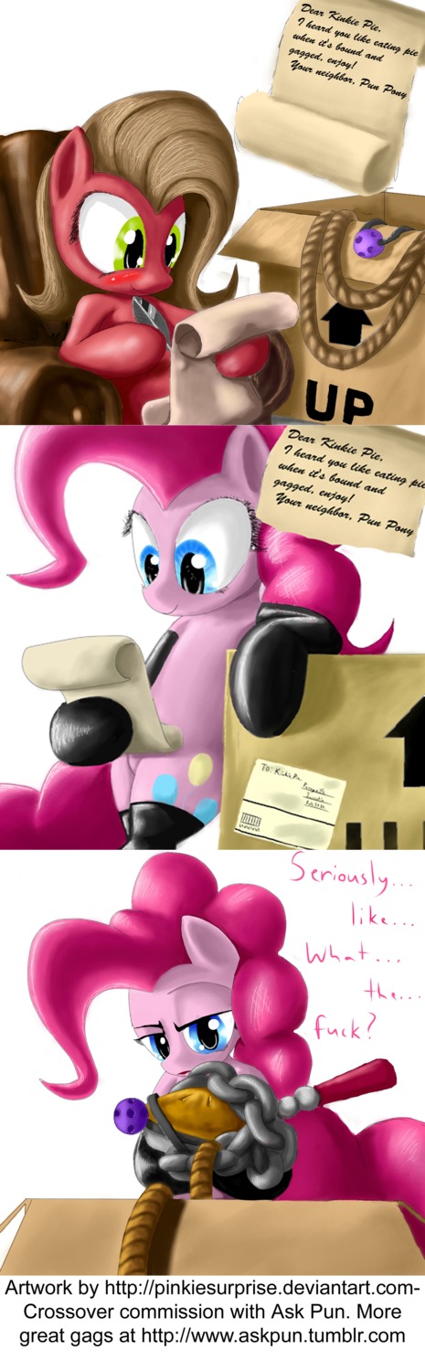 2012 absurd_res ask_pun ball_gag bdsm blush bondage bound comic cutie_mark dessert duo e621 earth_pony english_text equid equine female feral food friendship_is_magic gag hasbro hi_res horse humor mammal my_little_pony pastry pie pinkie_pie_(mlp) pinkiesurprise pony pun pun_pony rope text tumblr url